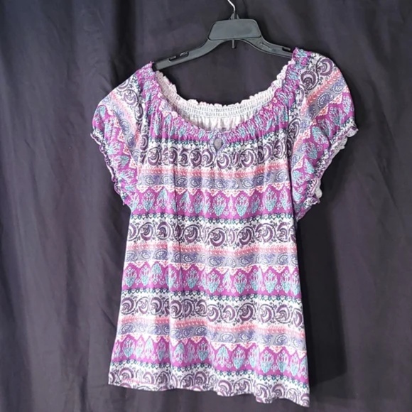 3/$25 Flutter Sleeve Wide Neck Patterned Top - Picture 2 of 9